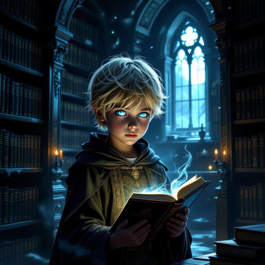 Mysterious Boy in Ancient Library Concept Art