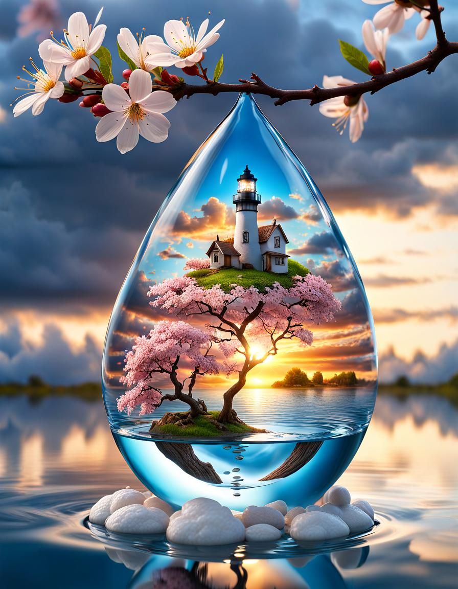 Tree Inside Water Drop with Lighthouse Background