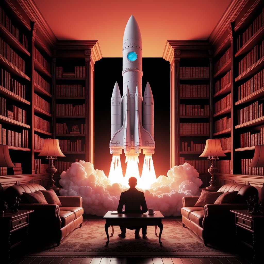 Cozy Living Room Rocket Launch in Digital Art