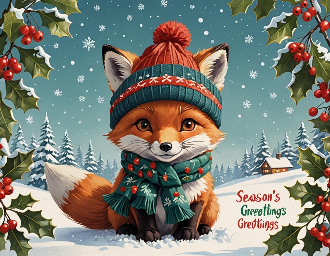 Winter Wonderland Scene with Fox in Holiday Attire