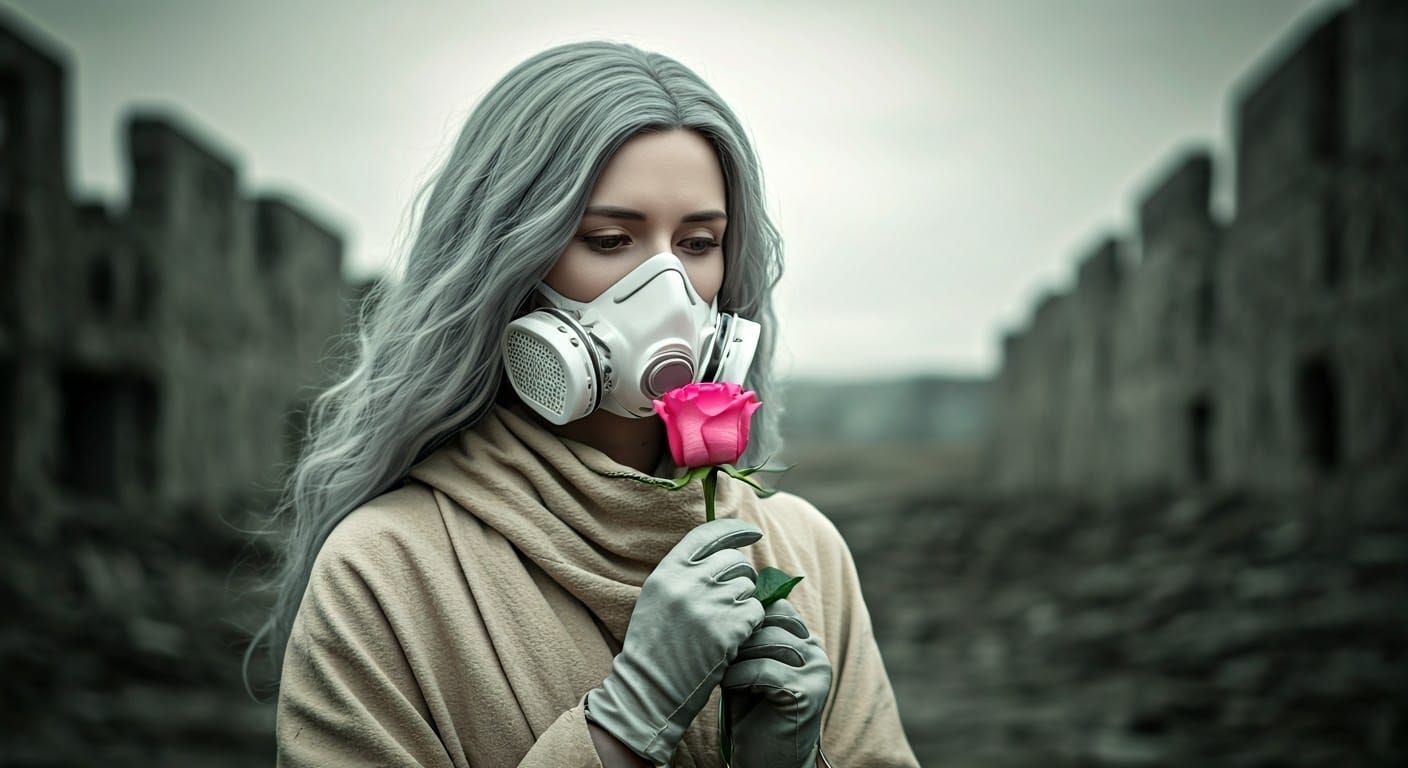 Serene Post-Apocalyptic Woman Contemplates Pink Rose