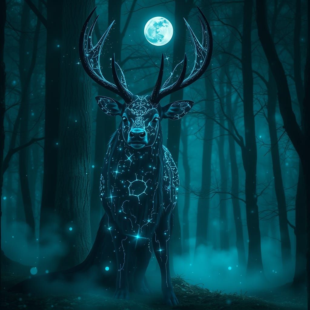Mystical Deer in Enchanted Forest by Moonlight