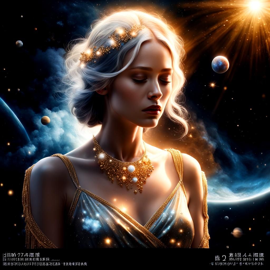 Sad Woman Gazing at Stars with Golden Dust