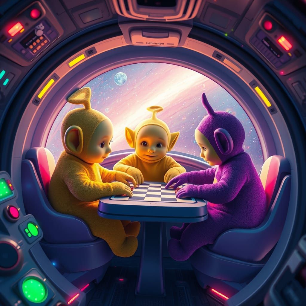 2 anthropomorphic teletubbies in a spaceship playing chess, -fantasy art Pixar,Disney:2.5300k