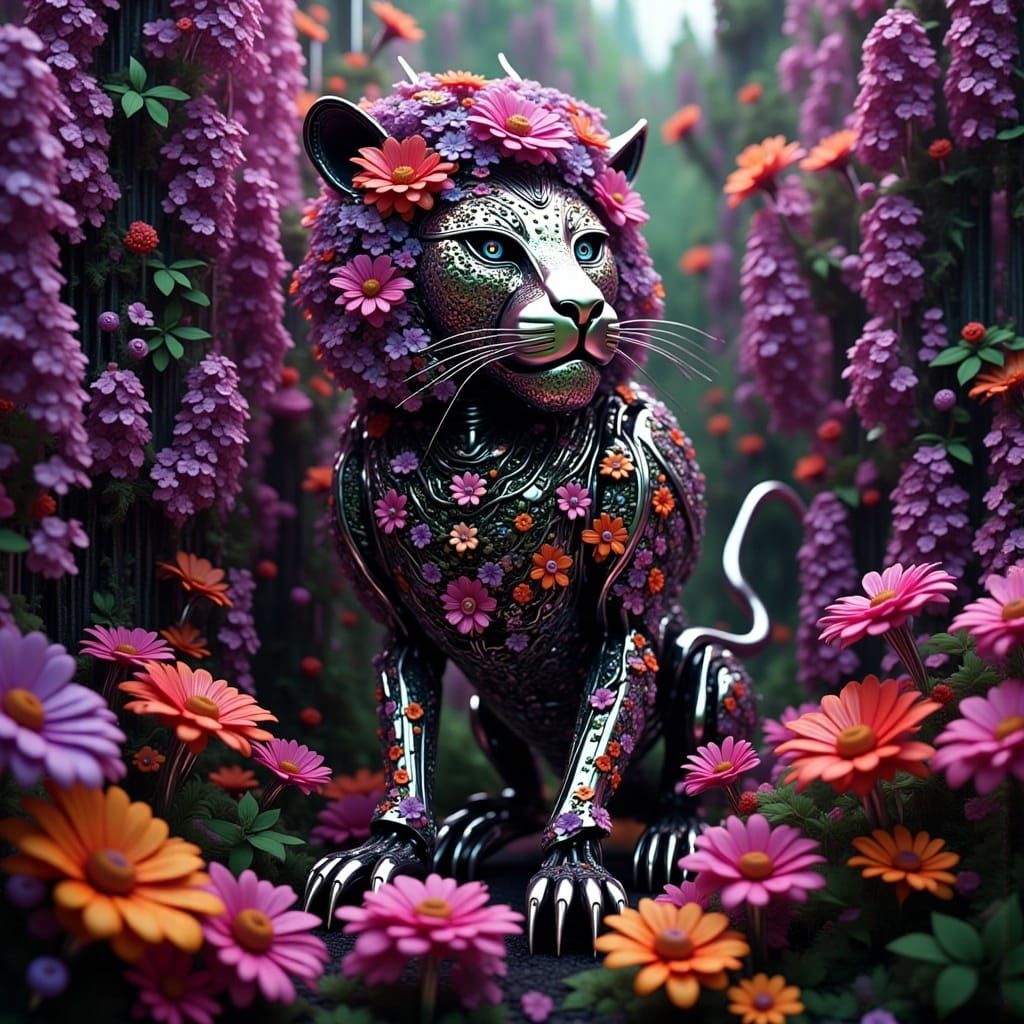 Chrome Robot Lion in Wisteria Garden