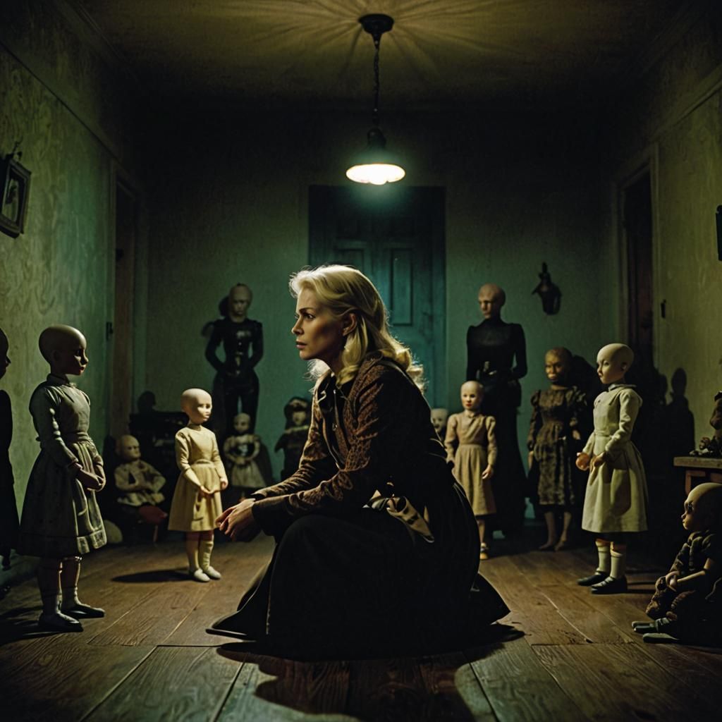 Cinematic Still of Woman with Antique Dolls