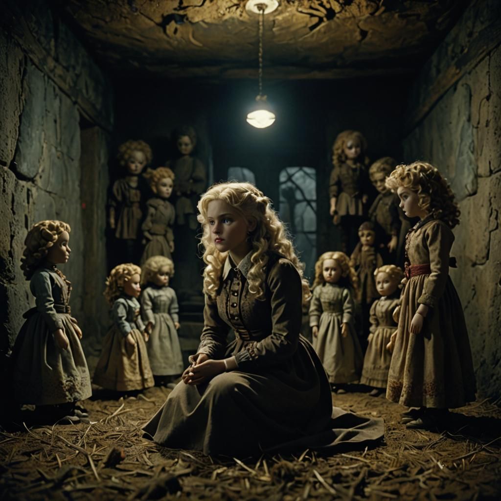Woman and Hideous Dolls in Cinematic Film Still