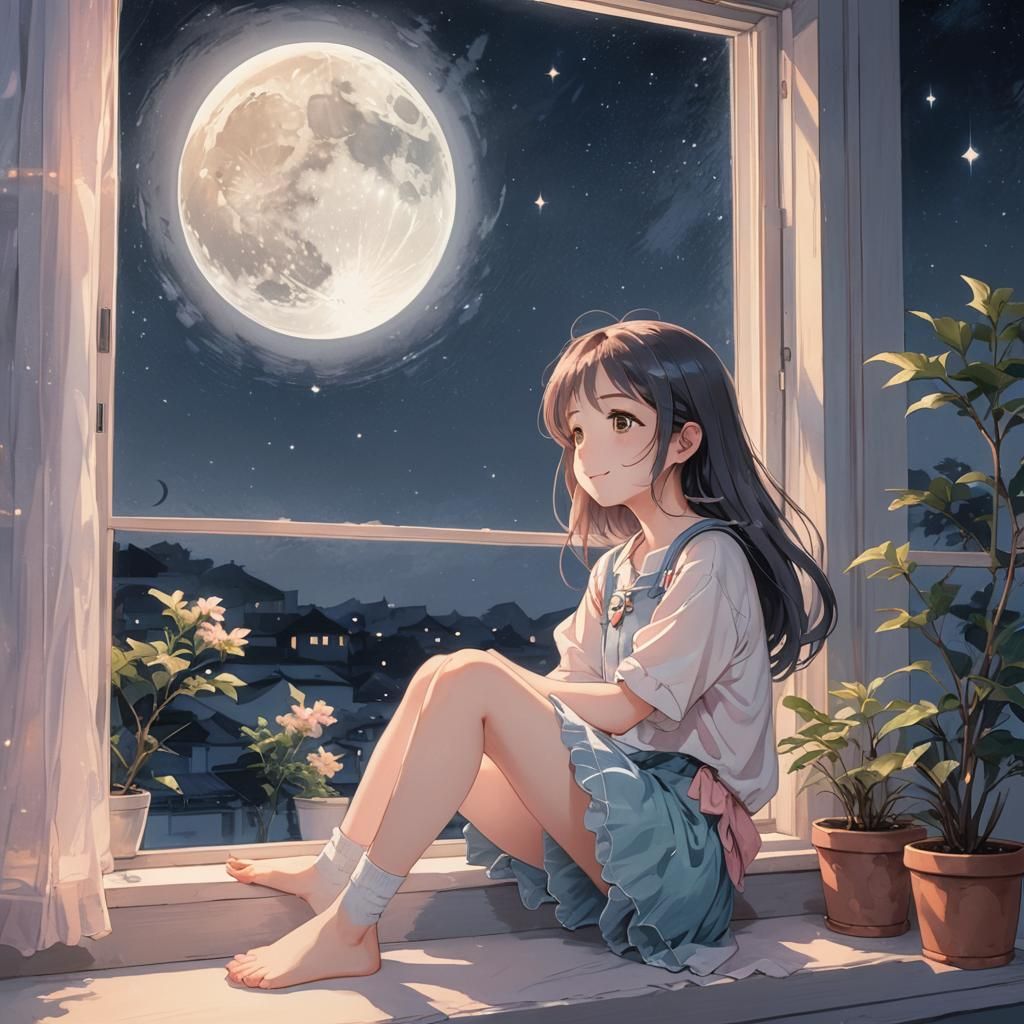 Whimsical Anime Girl Contemplates the Moonlit Night