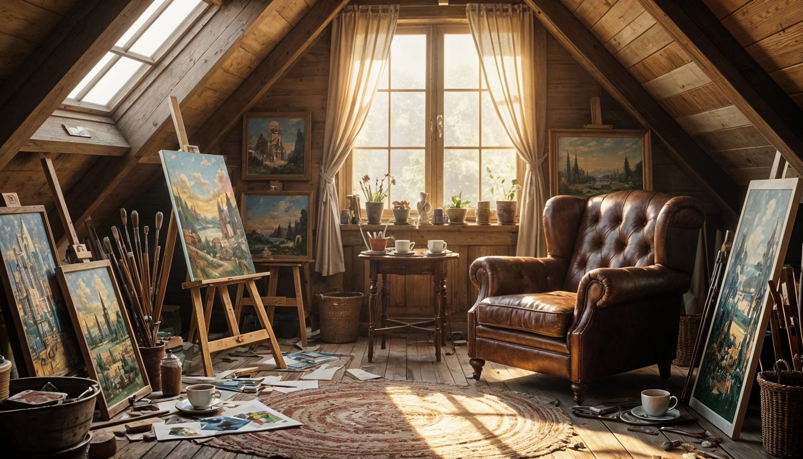 Sun-Drenched Attic Studio with Vintage Art Supplies