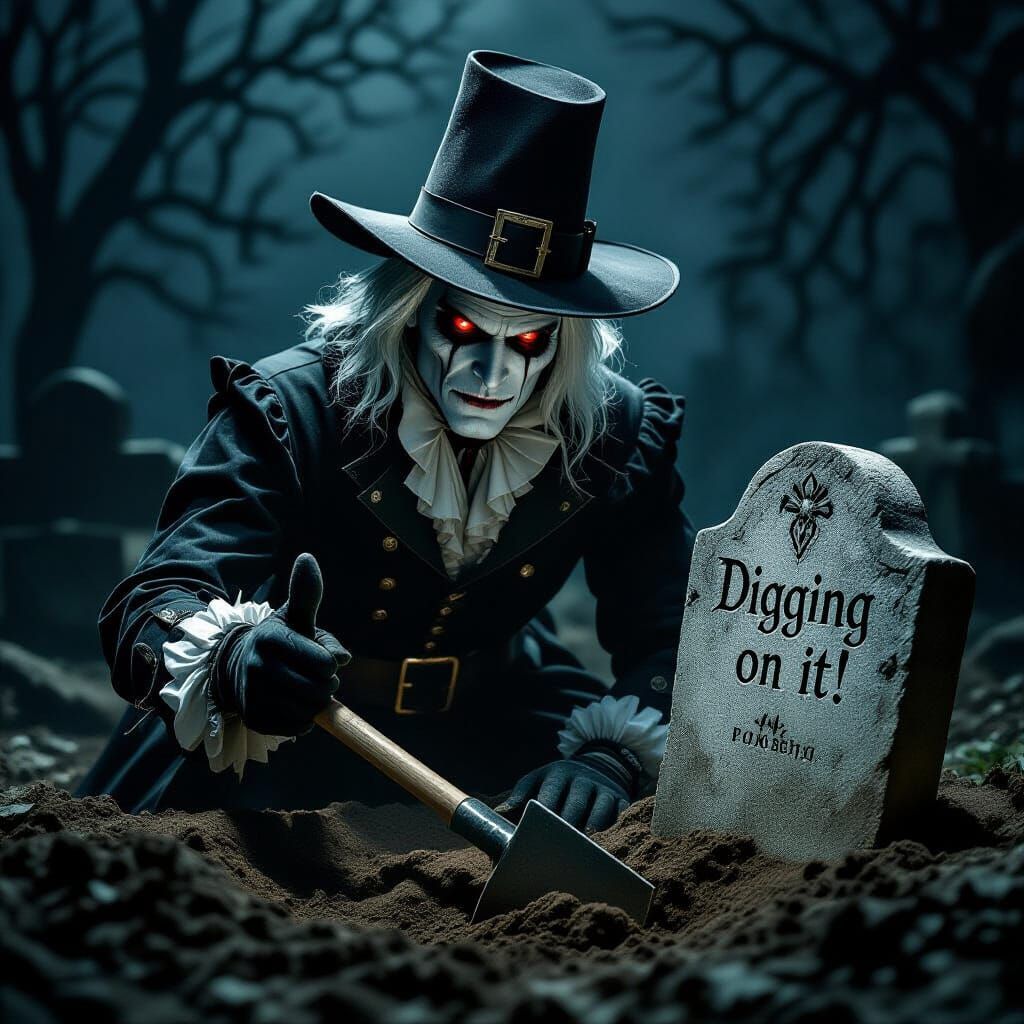 Goth Gravedigger Gives Thumbs Up in Moody Dark Romanticism S...