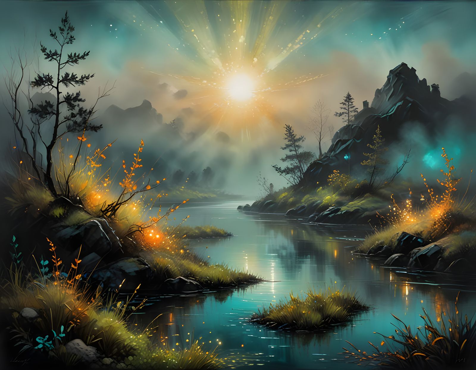 Bioluminescent Landscape in Soft Impasto Painting Style