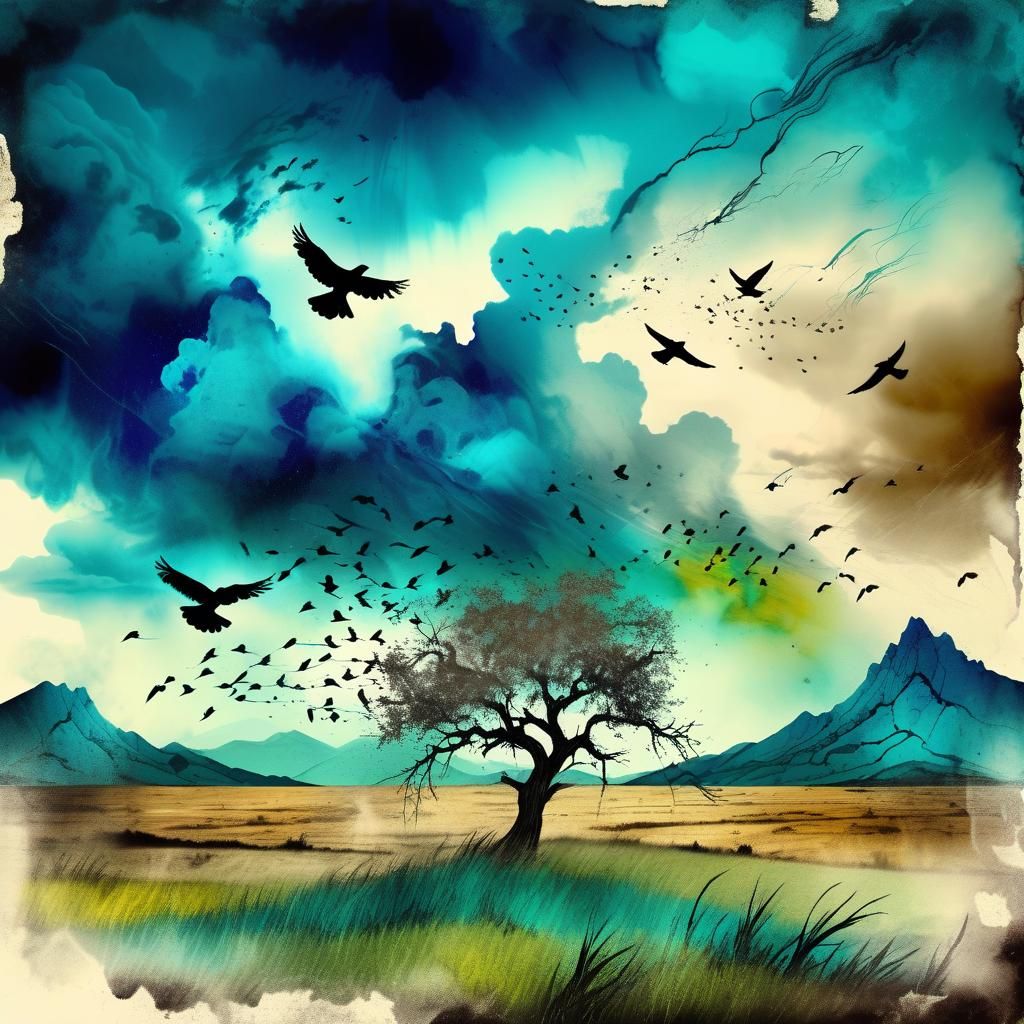 Magical Surreal Storm Illustration with Strong Tree