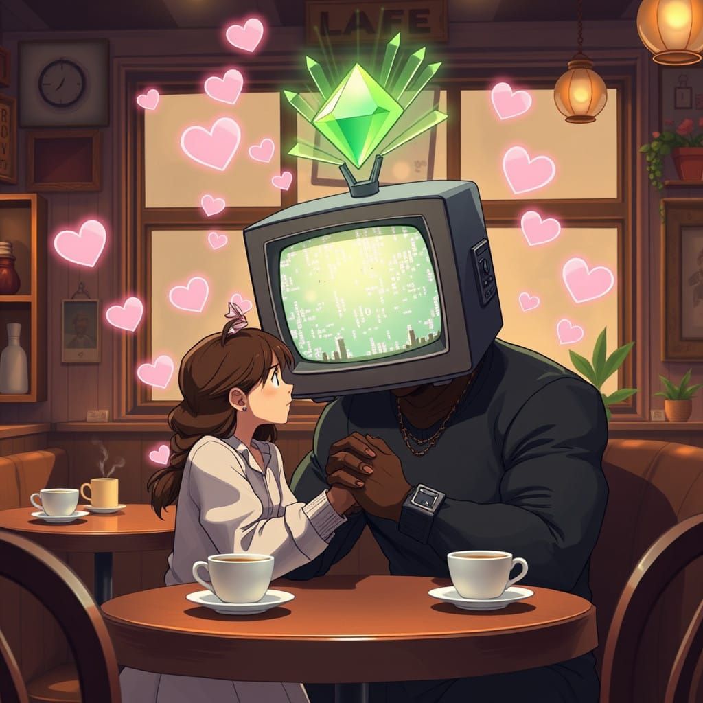 Anime-Style TV Head Boy and Girl in Cozy Café