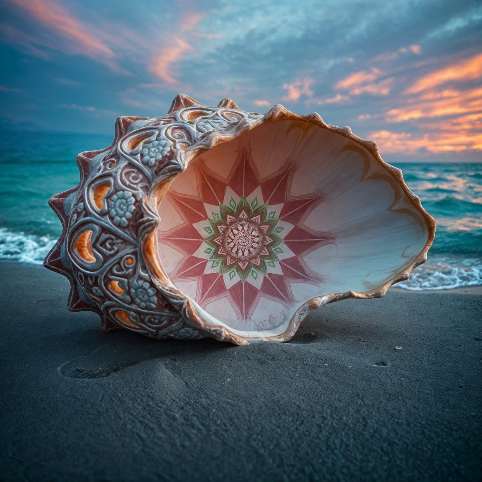 Seashell Mandala Carving on Beach, Panoramic View