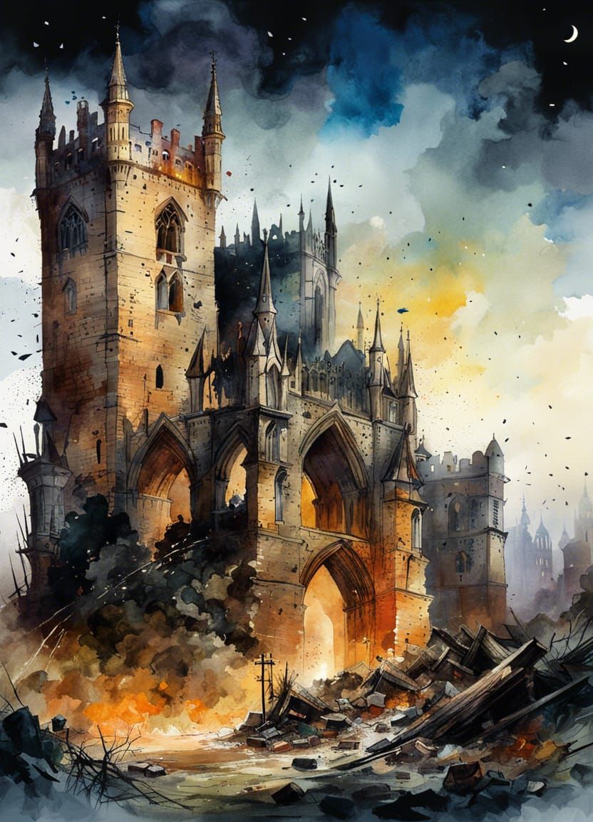 Gothic Tower Ruins: Watercolour Painting in Chaos