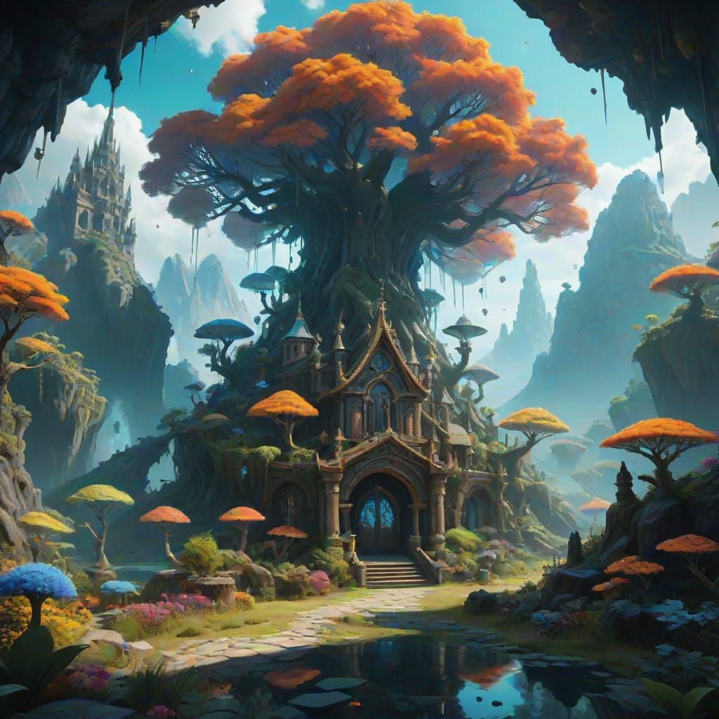 " una escena de flora vibrante e iridiscente, hongos luminis...