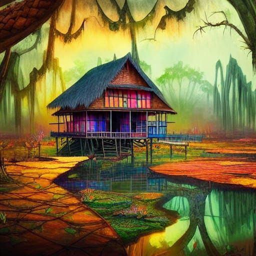 Fantastical Swamp House in Watercolour Style