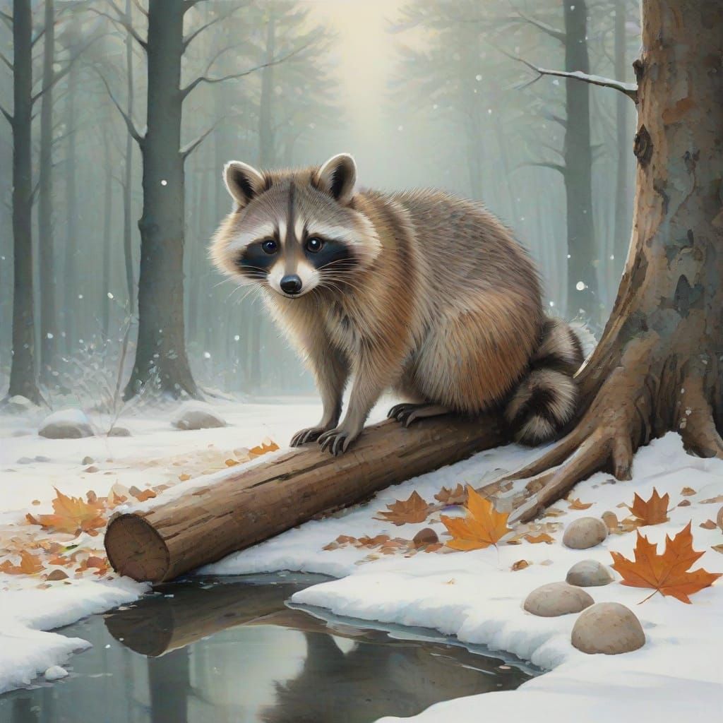 Pastel Raccoon in Snowy Autumn Forest