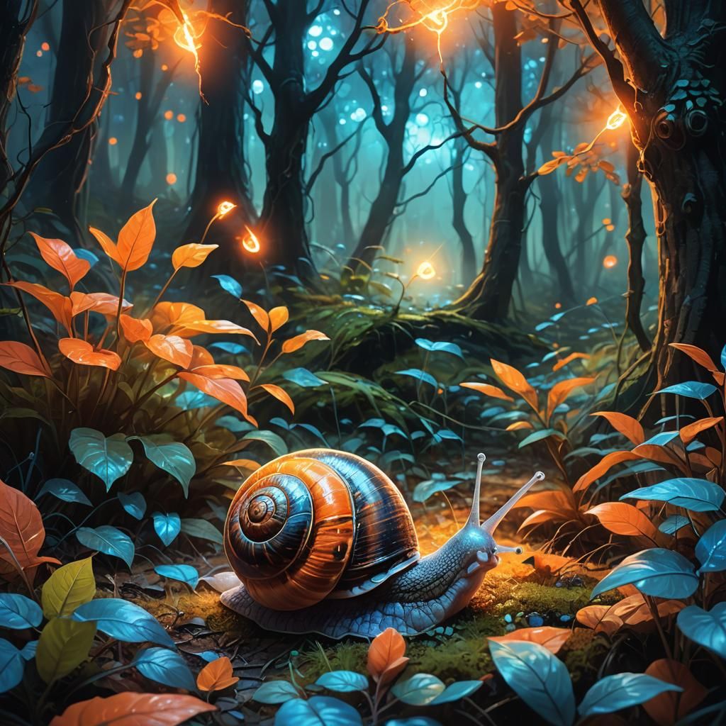 Luminous Snail Shell in Mystical Forest
