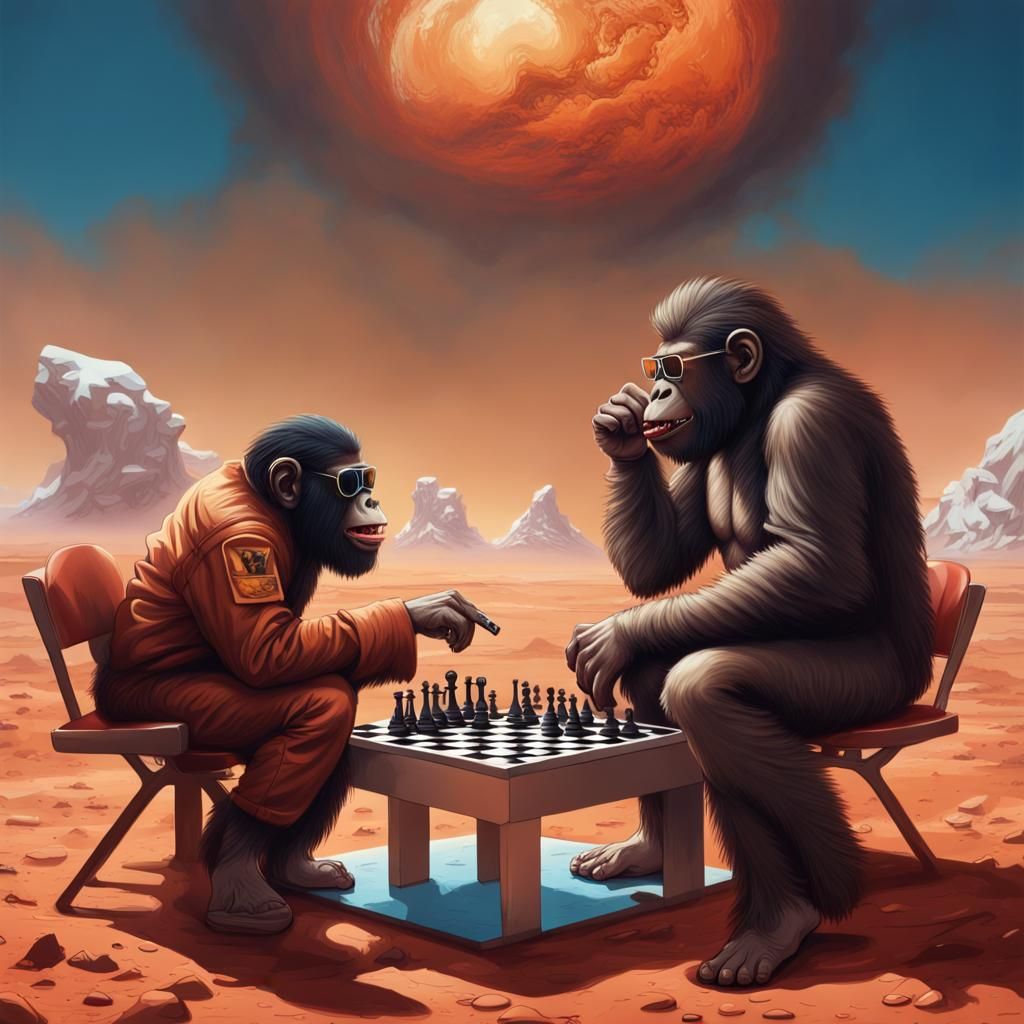 Apes Playing Chess on Mars: Hyperrealistic Art