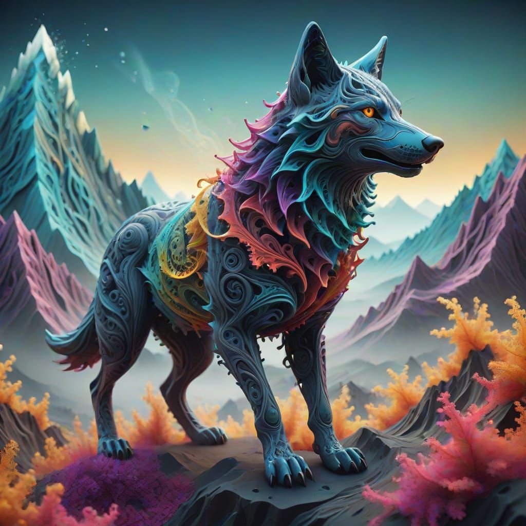 Vibrant Fractal Wolf Amidst Majestic Mountains