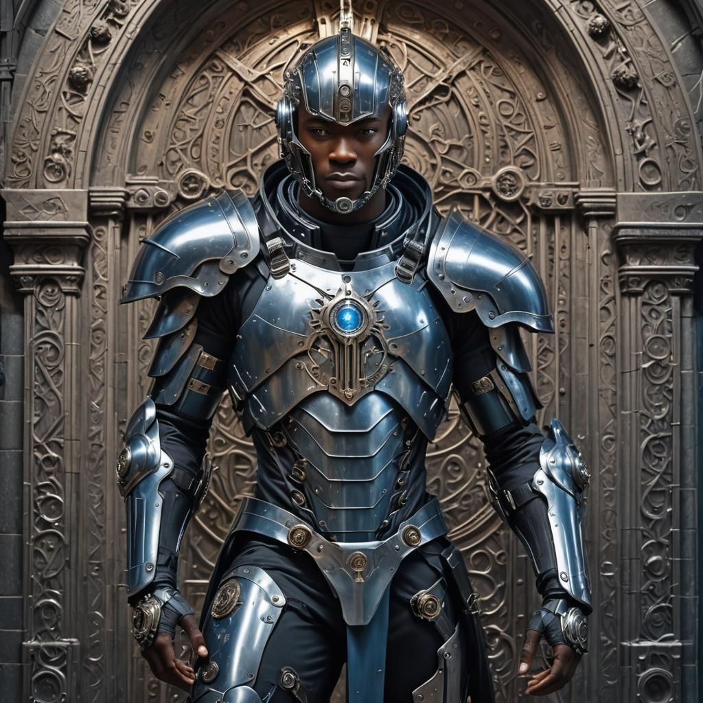 Cyborg Knight in Gothic Church with Glowing Sword