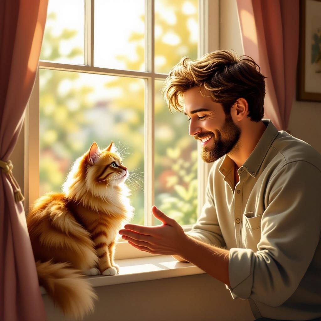 Man Greets Fluffy Cat on Windowsill in Gentle Light