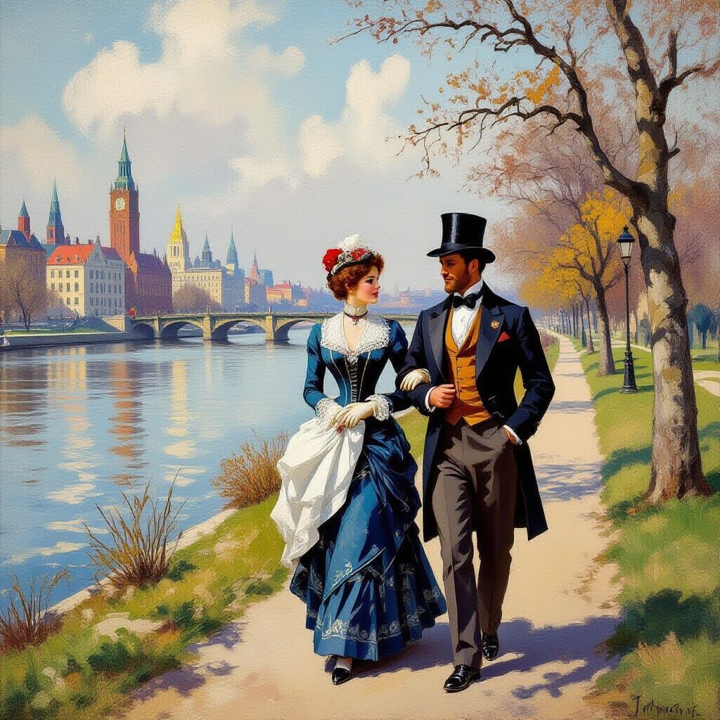 Victorian Couple Stroll in Impressionistic Oil Painting