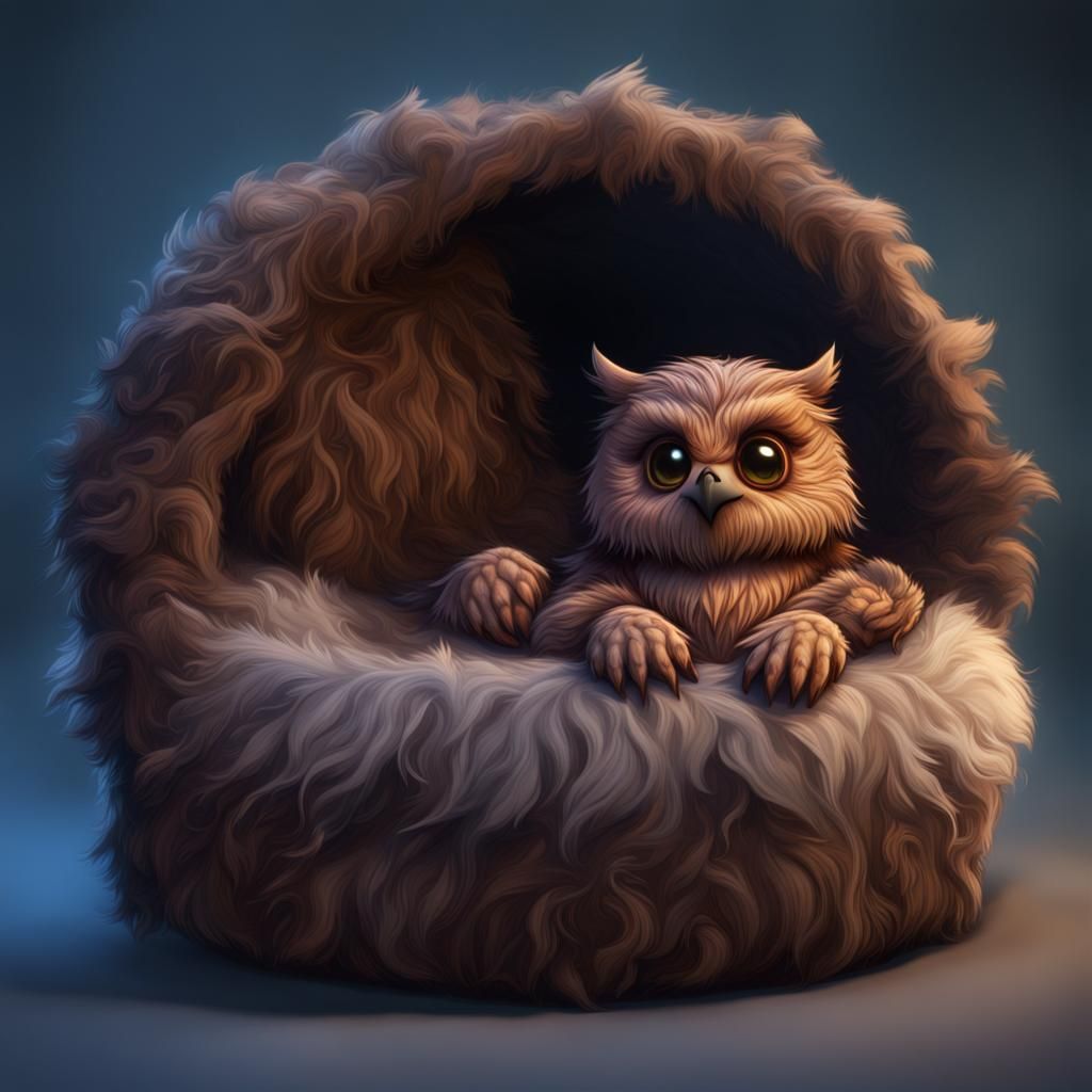 Cuddly Owlbear Cub in Pet Bed: Fantasy Art