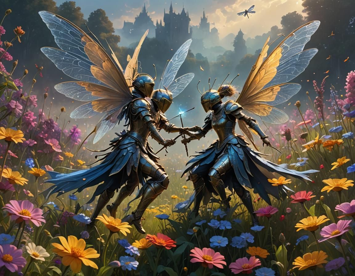 Fairies Jousting on Dragonflies in Flower Field