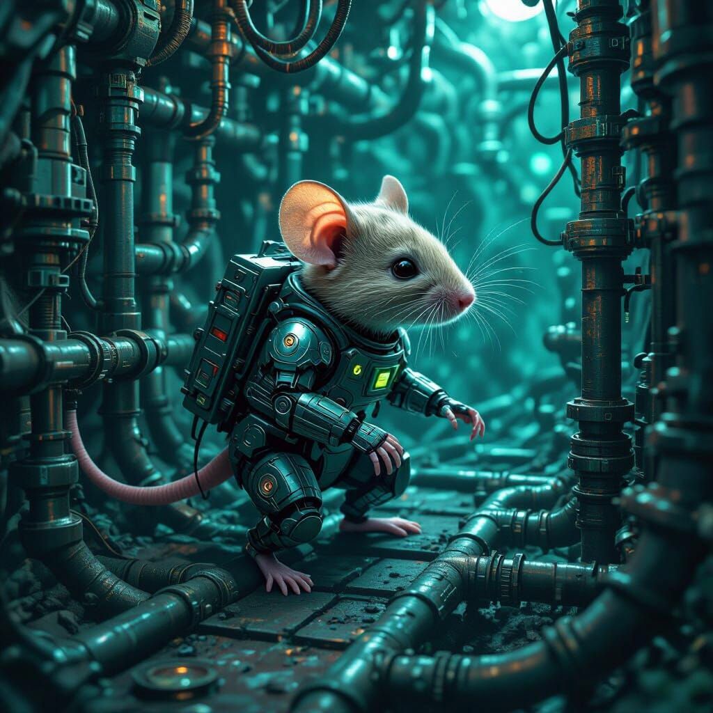 Biomechanical Mouse in Surreal Cyberpunk Maze
