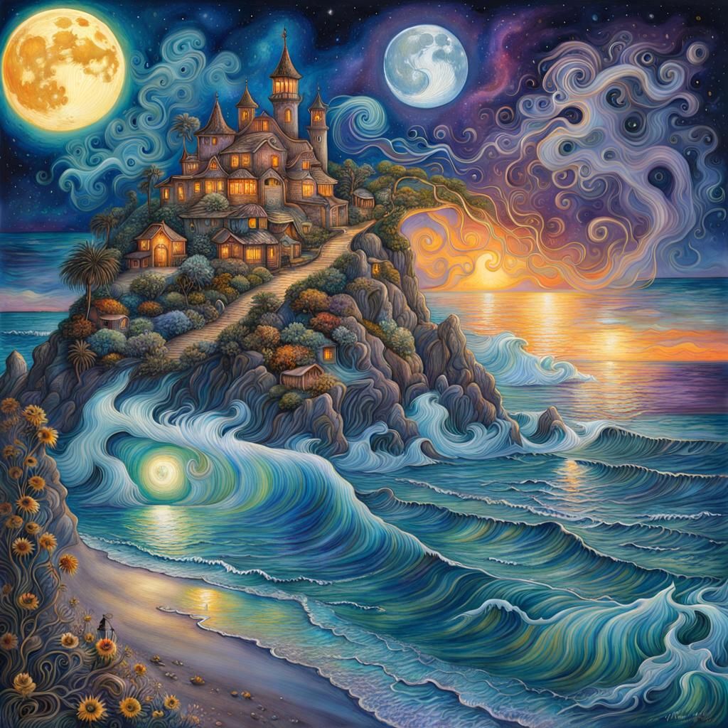 Moonlit Wiccan Beach Party in Alcohol Ink Style