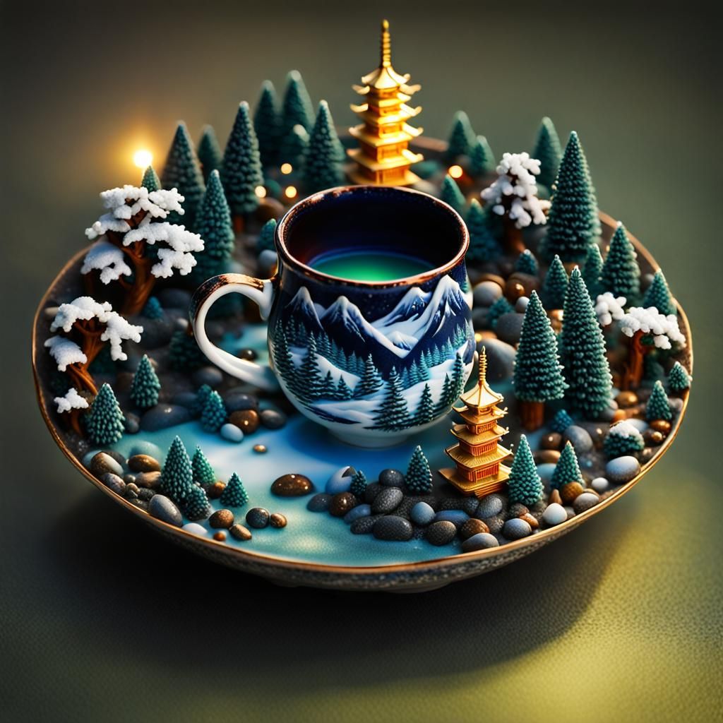 Miniature Pagodas in Porcelain Cup Diorama