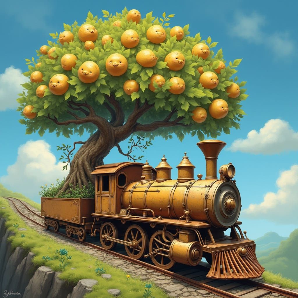 Mystical Train Chugs Along a Whimsical Track with Tree Beari...