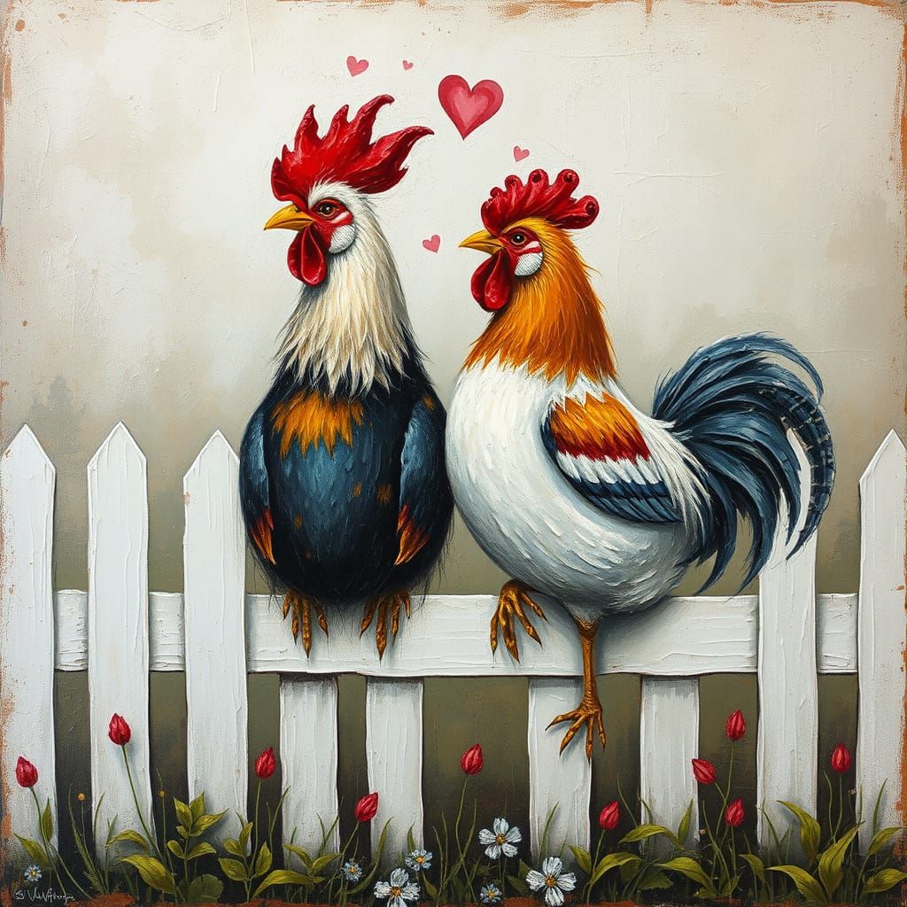 Rooster and Hen in Love: Whimsical Surreal Painting