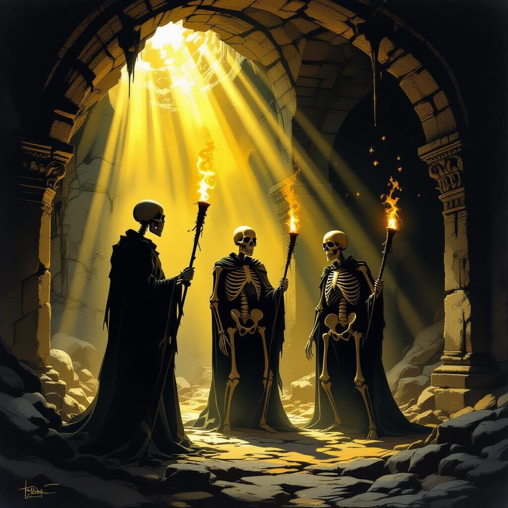 Three Skeletons in Ancient Tomb with Chiaroscuro Lighting