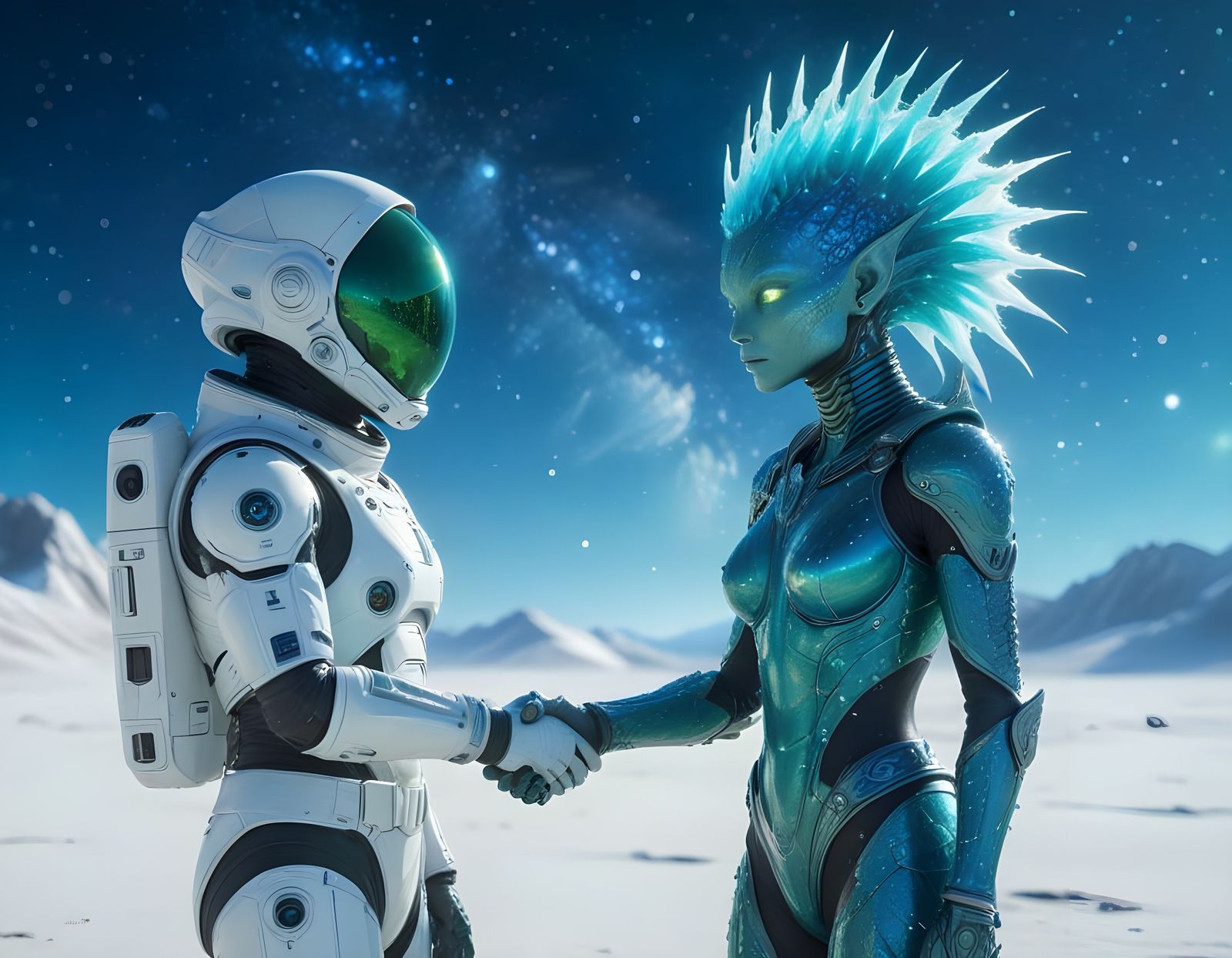 Astronaut Meets Fey Alien on Starry Planet