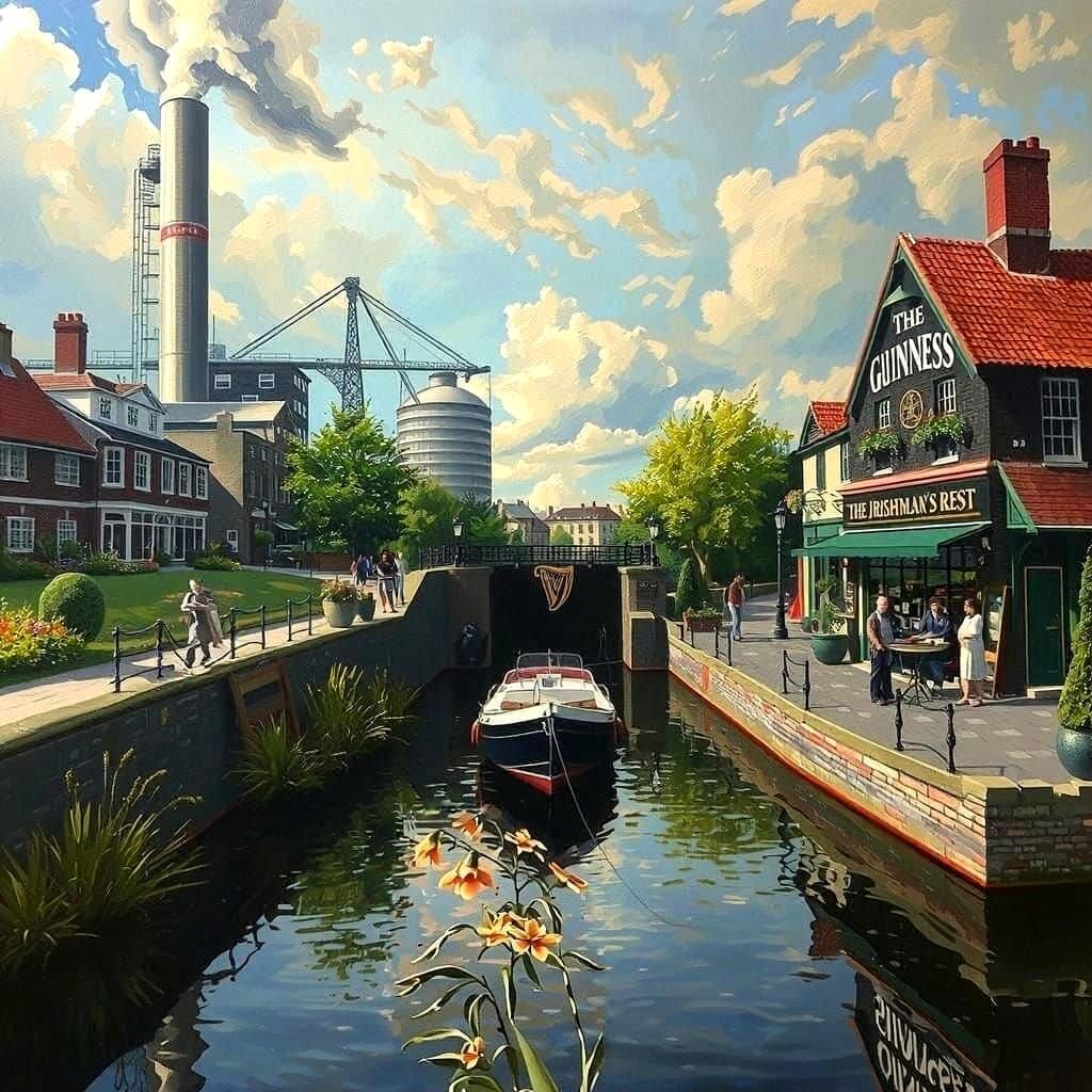 A Guinness brewery provides the backdrop for a country pub "...