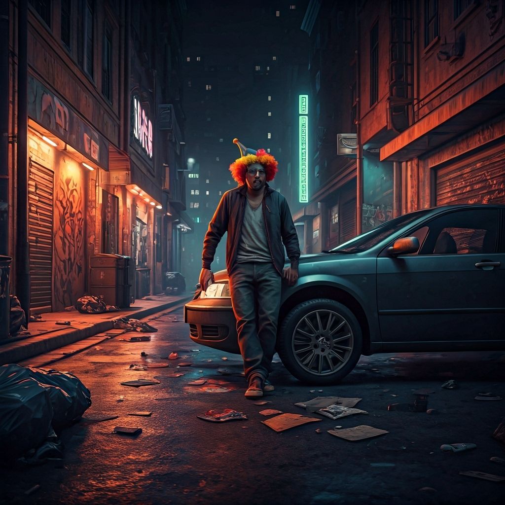 Drunk Clown in Chaotic Neon Cityscape