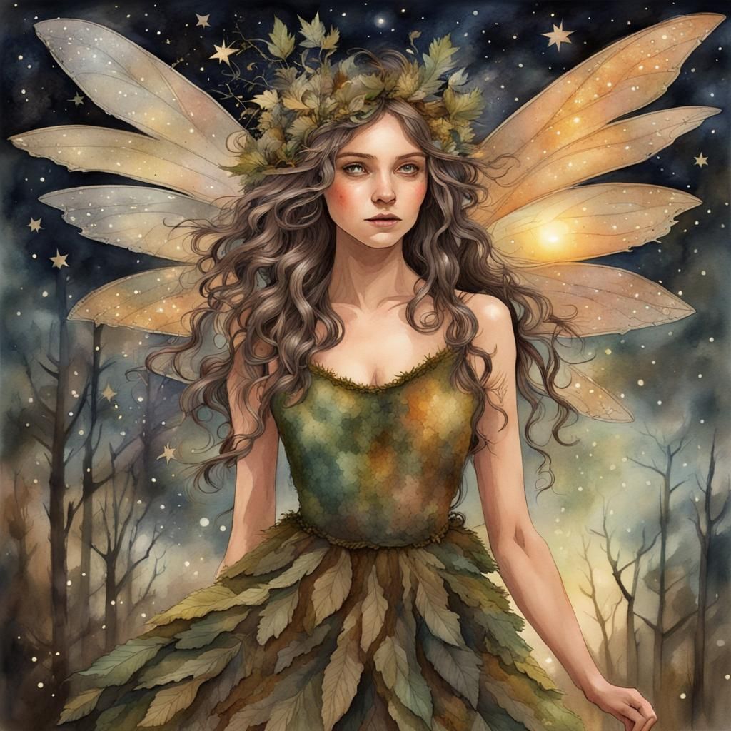 Winged Woodland Fairy Wearing a Nebulous Starry Night Dress,...