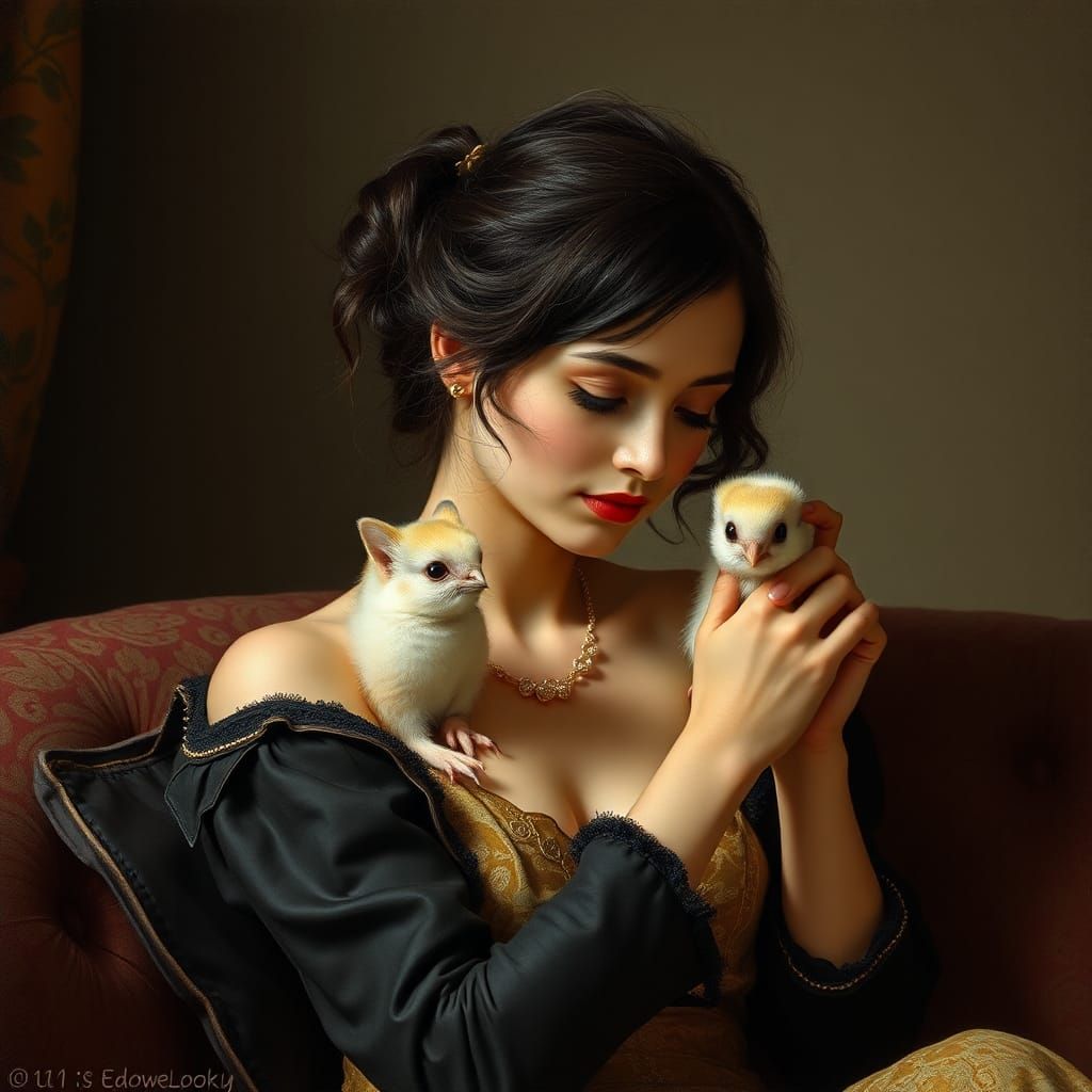 Elegant Woman Pampering White Cat in Impressionist Style