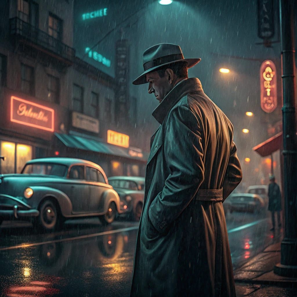 1950s Detective in Rainy Film Noir Scene