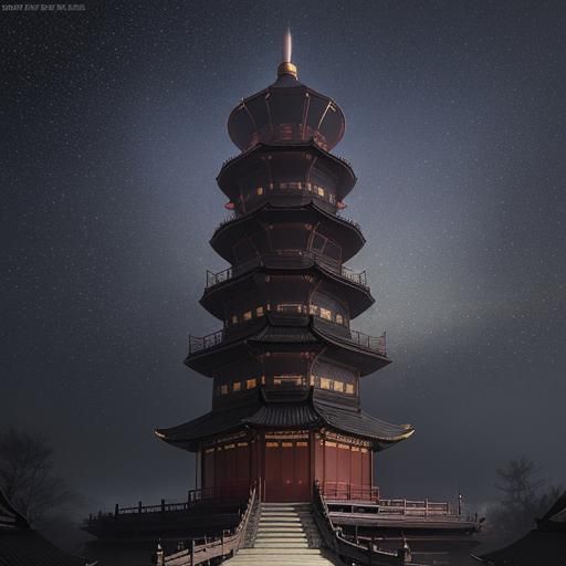 Chinese Pagoda Under Starry Sky in Fantasy Art Style