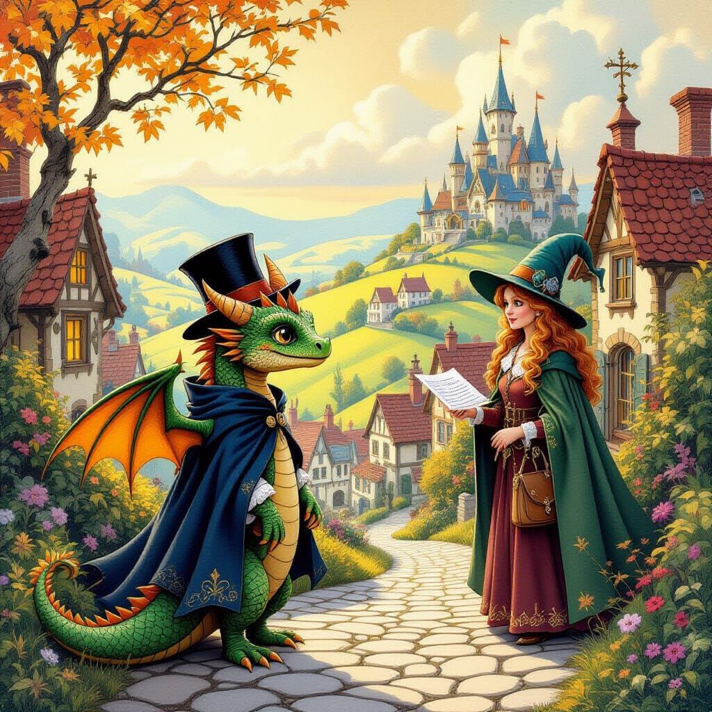 Young Dragon House Hunting in Whimsical Neighborhood