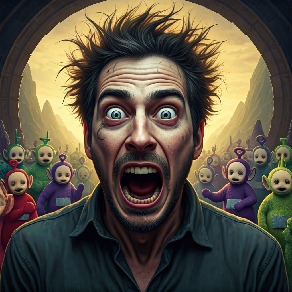 Tormented Man Surrounded by Teletubbies in a Dark Fantasy La...