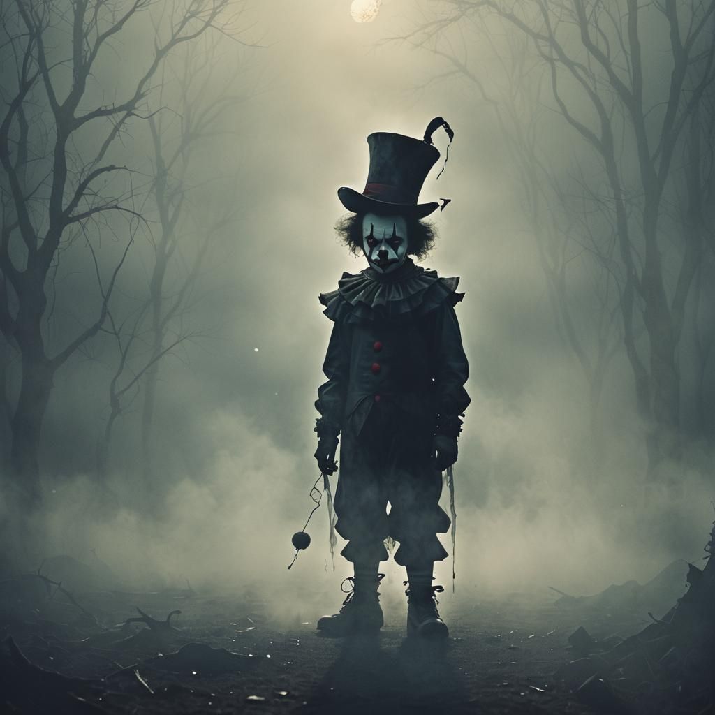 Nightmarish Abstract Clown Silhouette in Twilight Mist
