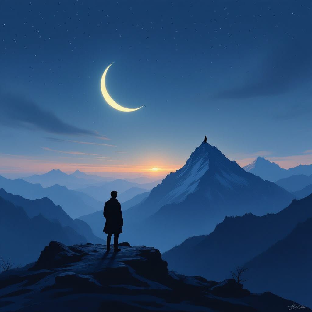 Man Gazes at Distant Woman Under Moonlit Sky