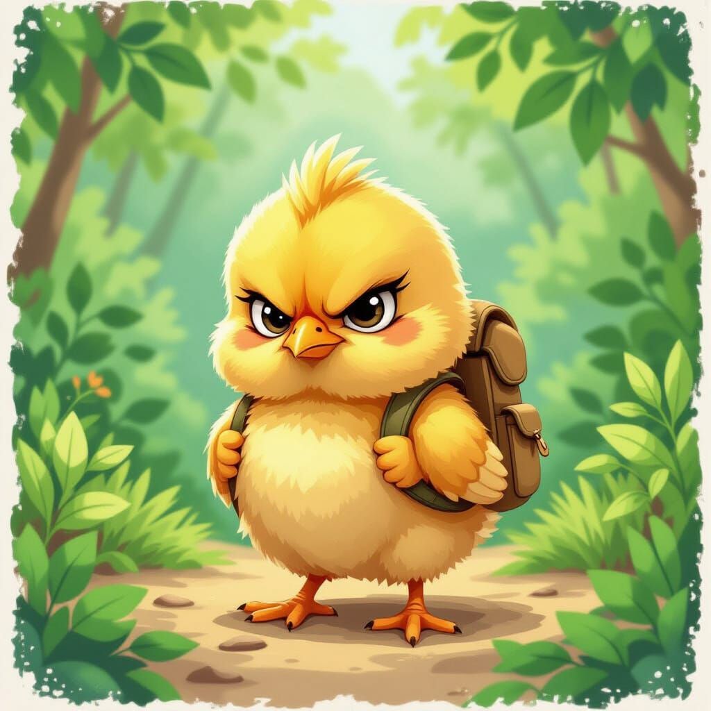 Grumpy Chick in Lush Greenery, Digital Illustration