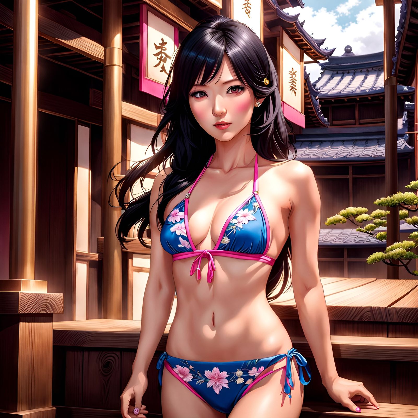 Beautiful Japanese Woman in Pink and Blue Bikini