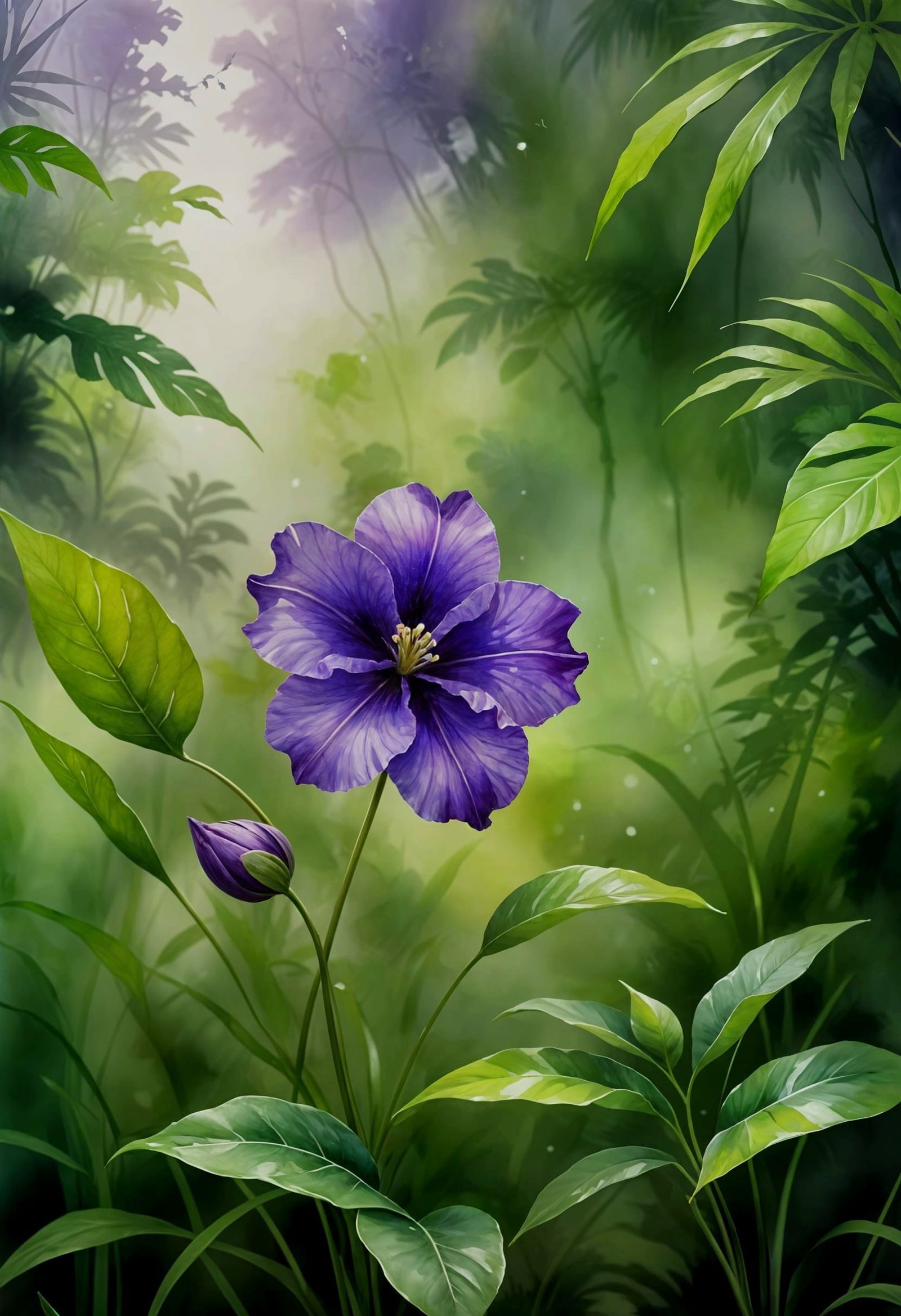 Purple Flower Blooms in Tropical Watercolor Jungle